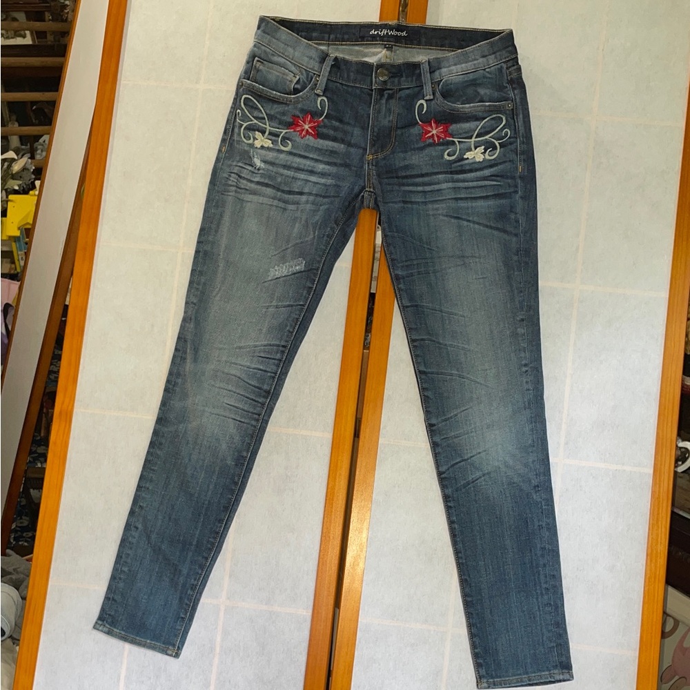 DRIFTWOOD Straight Leg Dark Blue Jeans with Red & Cream Embroidery